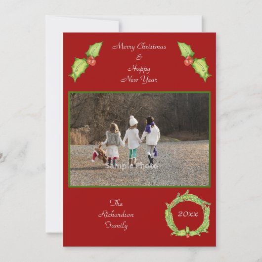 Hollykrans Rood Groen Gepersonaliseerde Foto Feestdagenkaart (Voorkant)