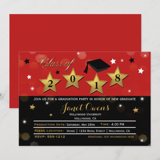 HOLLYWOOD AFSTUDEREN Afstuderen Red Gold Invitatio Kaart (Voorkant / Achterkant)