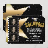 Hollywood Black & Gold 3 foto verjaardagsuitnodigi Kaart (Voorkant / Achterkant)
