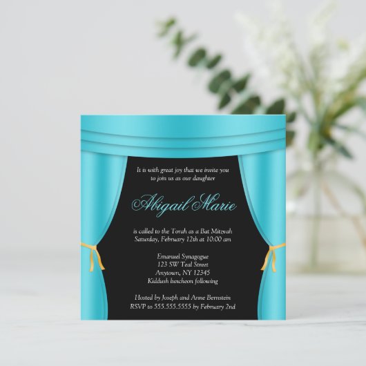 Hollywood Blauwgroen Blauw Gordijn Bat Mitzvah Squ Kaart (Staand voorkant)