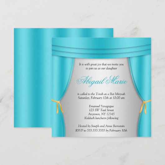 Hollywood Blauwgroen Silver Curtain Bat Mitzvah Sq Kaart (Voorkant / Achterkant)
