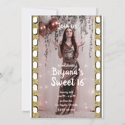 Hollywood Film Gouden Glitter Film Sweet 16 Party Kaart (Voorkant)