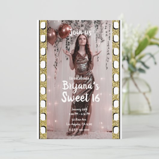 Hollywood Film Gouden Glitter Film Sweet 16 Party Kaart (Staand voorkant)