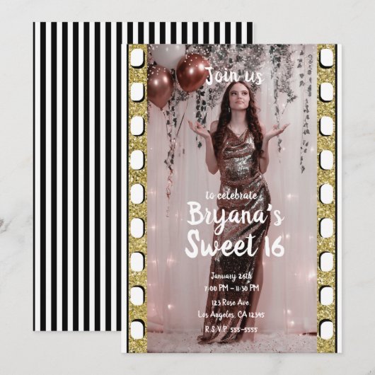 Hollywood Film Gouden Glitter Film Sweet 16 Party Kaart (Voorkant / Achterkant)
