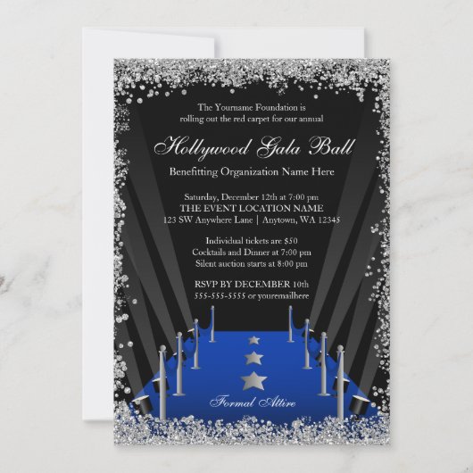 Hollywood Gala Ball Blauw Tapijt Zilver Glitter Kaart (Voorkant)