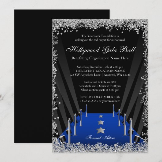 Hollywood Gala Ball Blauw Tapijt Zilver Glitter Kaart (Voorkant / Achterkant)