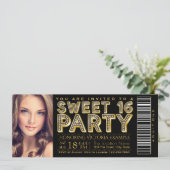 Hollywood Glam Sweet 16 Ticket Black en Gold Kaart (Staand voorkant)