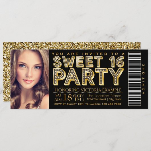 Hollywood Glam Sweet 16 Ticket Black en Gold Kaart (Voorkant / Achterkant)