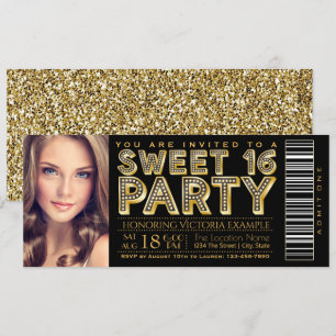 Hollywood Glam Sweet 16 Ticket Black en Gold Kaart