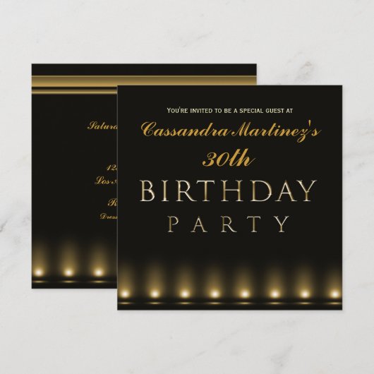 Hollywood Lights Black Gold verjaardagsuitnodiging Kaart (Voorkant / Achterkant)