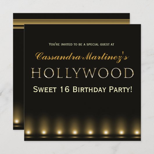 Hollywood Lights Gold Typography Party Uitnodiging (Voorkant / Achterkant)