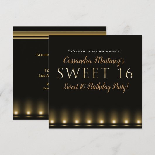 Hollywood Lights Gold Typography Sweet 16 Party Kaart (Voorkant / Achterkant)
