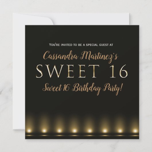 Hollywood Lights Gold Typography Sweet 16 Party Kaart (Voorkant)