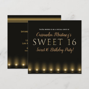 Hollywood Lights Gold Typography Sweet 16 Party Kaart