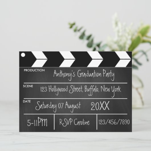 Hollywood Movie Graduation Party Chalkboard Uitnod Kaart (Staand voorkant)