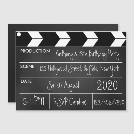 Hollywood Movie Theme Birthday Party Chalkboard Magnetische Uitnodiging (Voorkant / Achterkant)