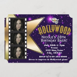 Hollywood Paarse Sterren 3 Foto Verjaardagsuitnodi Kaart