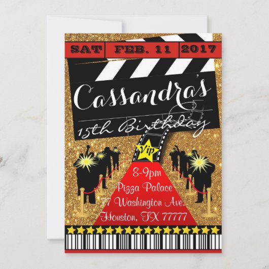 Hollywood Party, Hollywood Birthday Invitation Kaart (Voorkant)