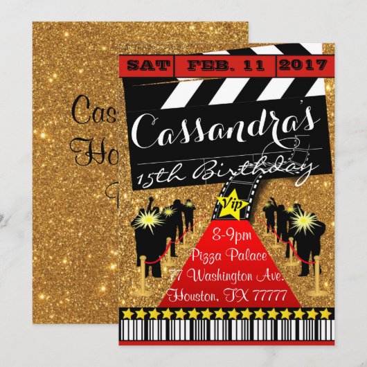 Hollywood Party, Hollywood Birthday Invitation Kaart (Voorkant / Achterkant)