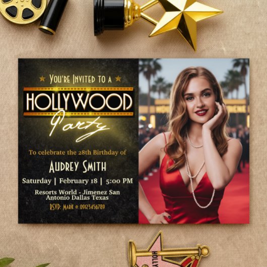 Hollywood Party with Picture Birthday Invitation Kaart