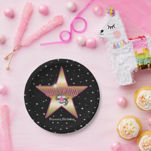 Hollywood Pink & Gold Star Black Verjaardagsfeest Papieren Bordje (Feest)