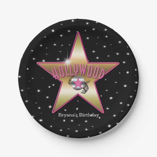 Hollywood Pink & Gold Star Black Verjaardagsfeest Papieren Bordje (Voorkant)
