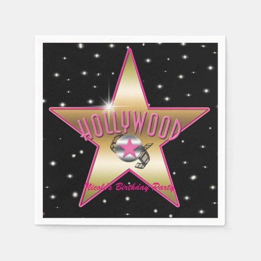 Hollywood Pink & Gold Star Black Verjaardagsfeest Servetten (Voorkant)