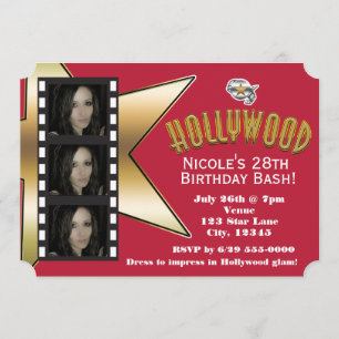 Hollywood RED 3 Foto verjaardagsfeest uitnodiging