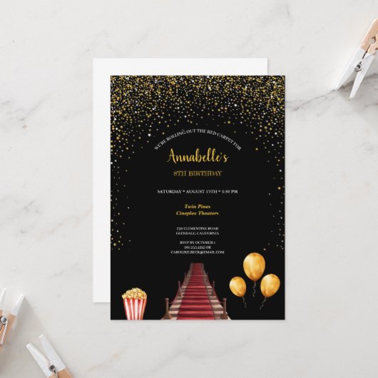 Hollywood Red Carpet Birthday Party Invitation Kaart (Voorkant / Achterkant in situ)