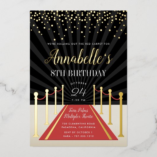 Hollywood Red Carpet Filmavond Verjaardagsfeestje Folie Uitnodiging (Voorkant)