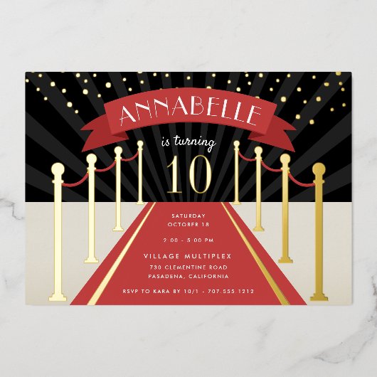 Hollywood Red Carpet Movie Theme Birthday Party Folie Uitnodiging (Voorkant)