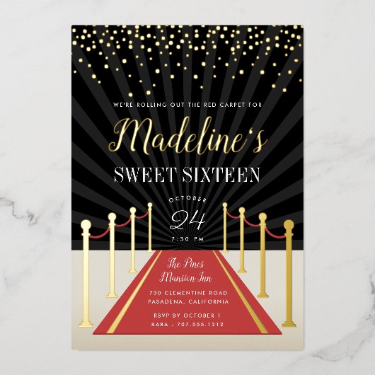 Hollywood Red Carpet Sweet Sixteen Gold Folie Uitnodiging (Voorkant)
