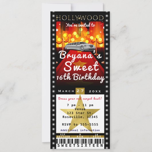 Hollywood Red Carpet VIP Party Ticket Uitnodiging (Voorkant)
