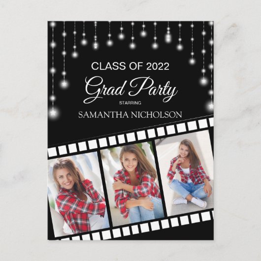 Hollywood Reel 3 Photo Black Silver Afstuderen Briefkaart (Voorkant)