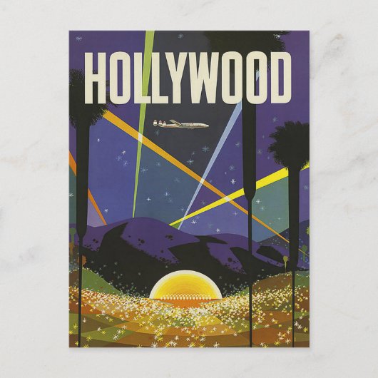 Hollywood, reflectorverlichting 's nachts,  briefkaart (Voorkant)