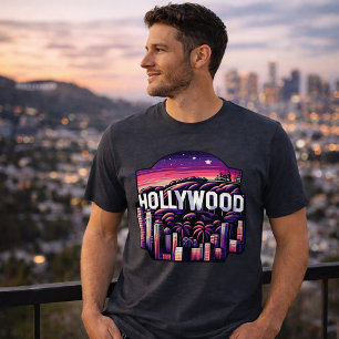 Hollywood Silhouet   Retro Neon Stadsgezicht Kunst Tri-Blend Shirt
