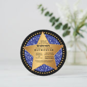 HOLLYWOOD STAR Blue Bar Bat Mitzvah Uitnodiging (Staand voorkant)