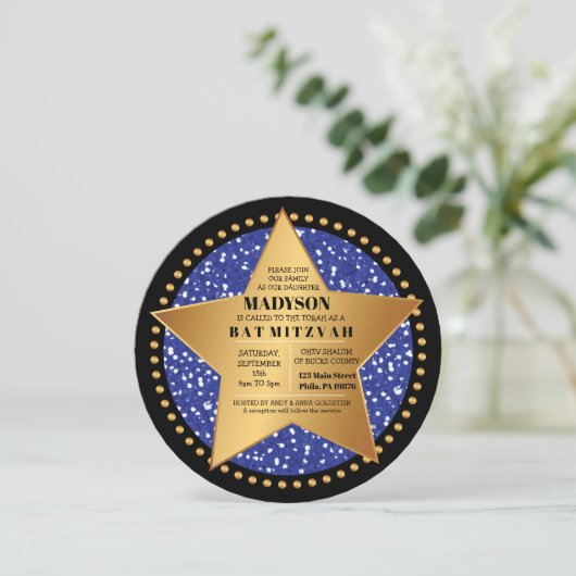 HOLLYWOOD STAR Blue Bar Bat Mitzvah Uitnodiging (Staand voorkant)