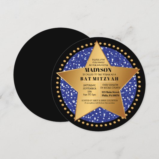 HOLLYWOOD STAR Blue Bar Bat Mitzvah Uitnodiging (Voorkant / Achterkant)