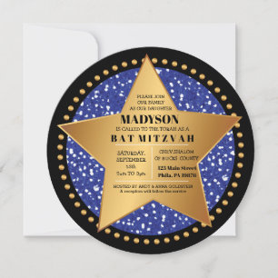 HOLLYWOOD STAR Blue Bar Bat Mitzvah Uitnodiging