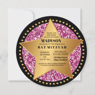 HOLLYWOOD STAR Pink Bar Bat Mitzvah Uitnodiging