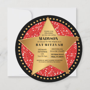 HOLLYWOOD STAR Red Bar Bat Mitzvah Uitnodiging