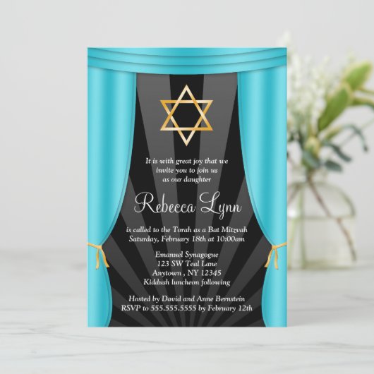Hollywood Star van David Blauwgroen Blue Bat Mitzv Kaart (Staand voorkant)