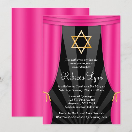 Hollywood Star van David Pink Bat Mitzvah Kaart (Voorkant / Achterkant)