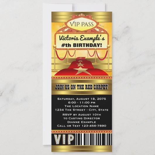 Hollywood Verjaardagsfeest Ticket Uitnodigingen (Voorkant)