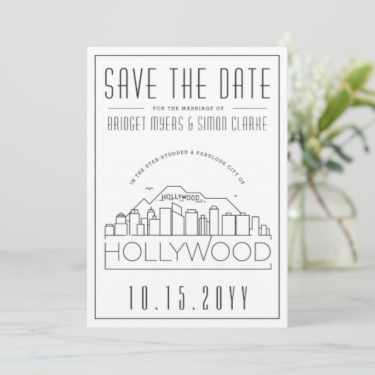 Hollywood Wedding Stylized Skyline Save the Date Kaart (Staand voorkant)