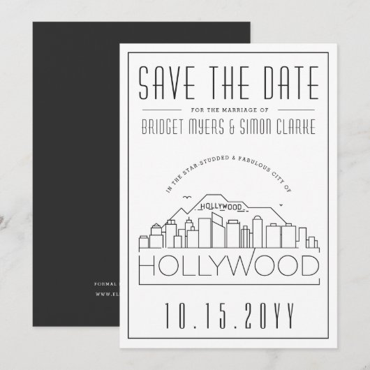 Hollywood Wedding Stylized Skyline Save the Date Kaart (Voorkant / Achterkant)