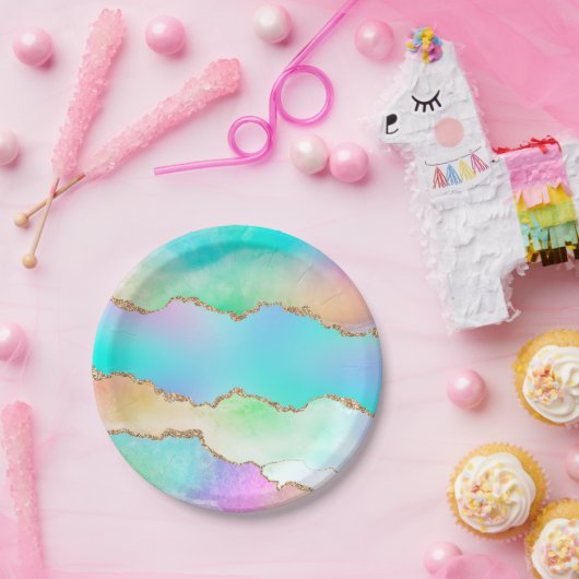 Holo Agate | Faux Iriscent Pastel Ombre Marmer Papieren Bordje (Feest)