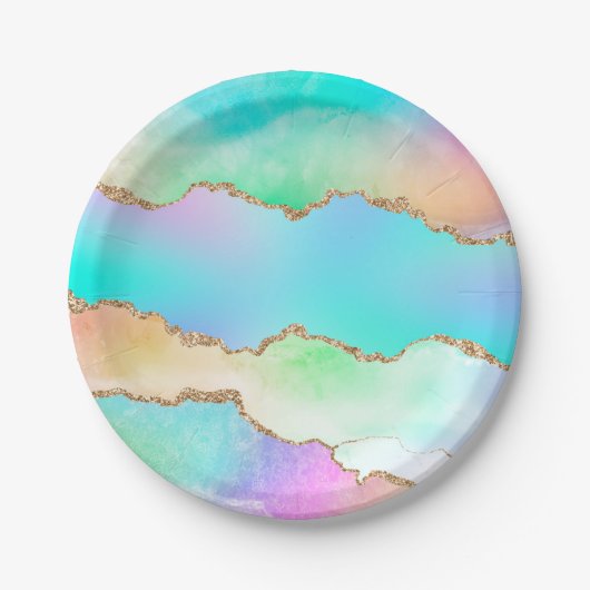 Holo Agate | Faux Iriscent Pastel Ombre Marmer Papieren Bordje (Voorkant)