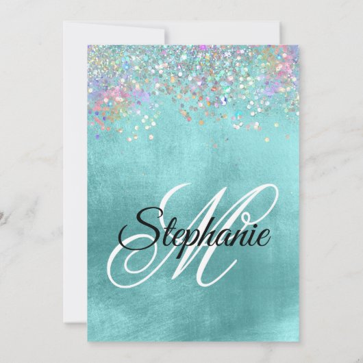 Holo Glitter Bleek Aqua Blue Folie Fancy Monogram Kaart (Achterkant)